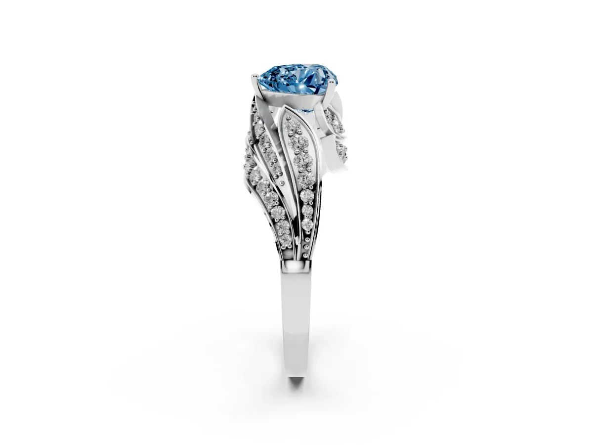 Fancy Blue Heart Cut Diamond Solitaire Ring with Prong Setting and Twisted Pavé Band Silver