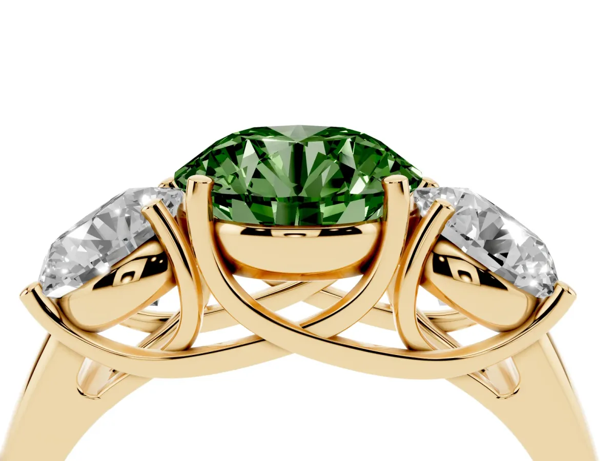 Fancy Green Three-Stone Round Cut Diamond Engagement Ring with Prong Setting Yellow gold