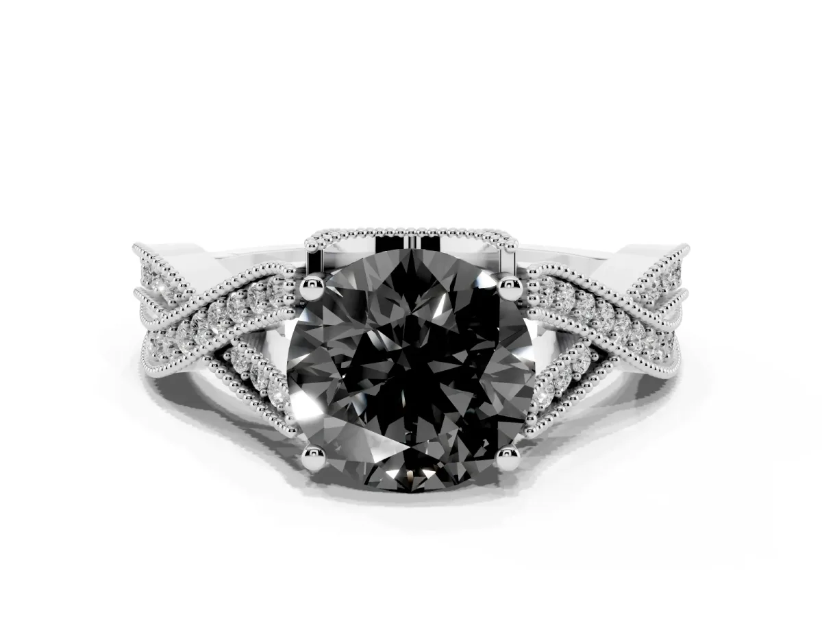 Fancy Black Round Cut Cut Diamond Twisted Band with Milgrain Pave Setting and Four-Prong Setting Silver