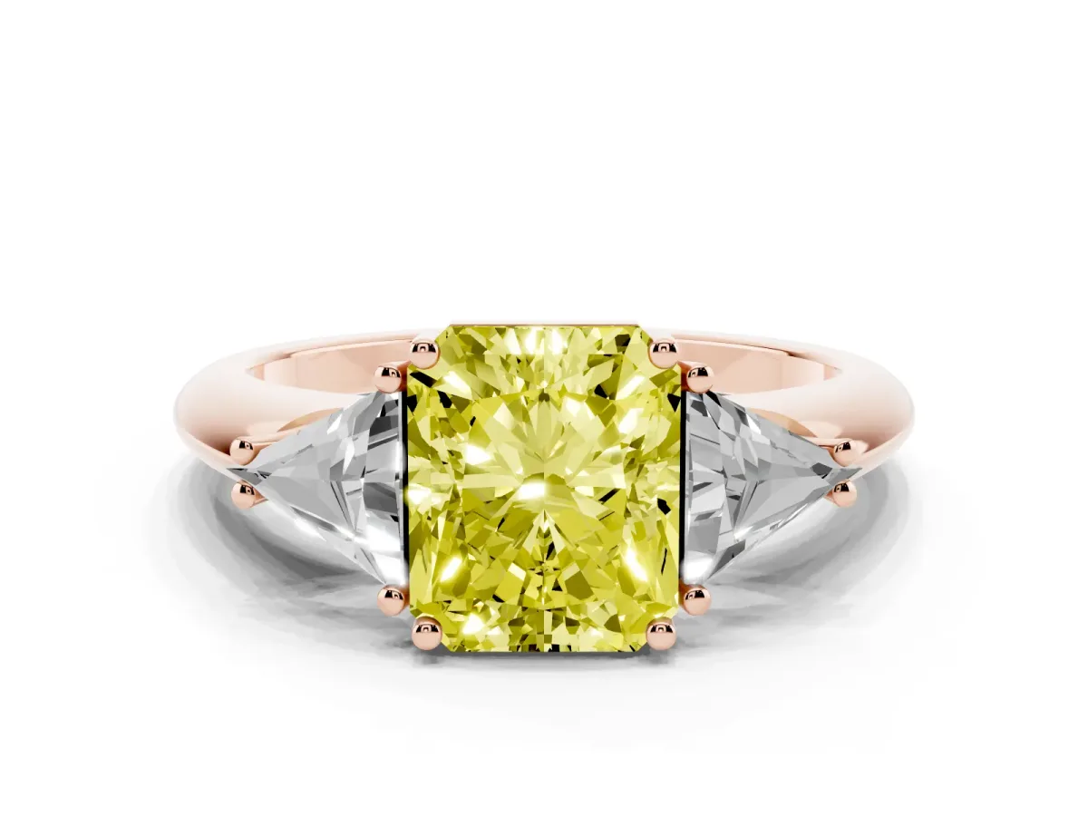 Fancy Yellow Three-Stone Radiant Cut Diamond Engagement Ring with Trillion Side Stones and Prong Setting Rose gold
