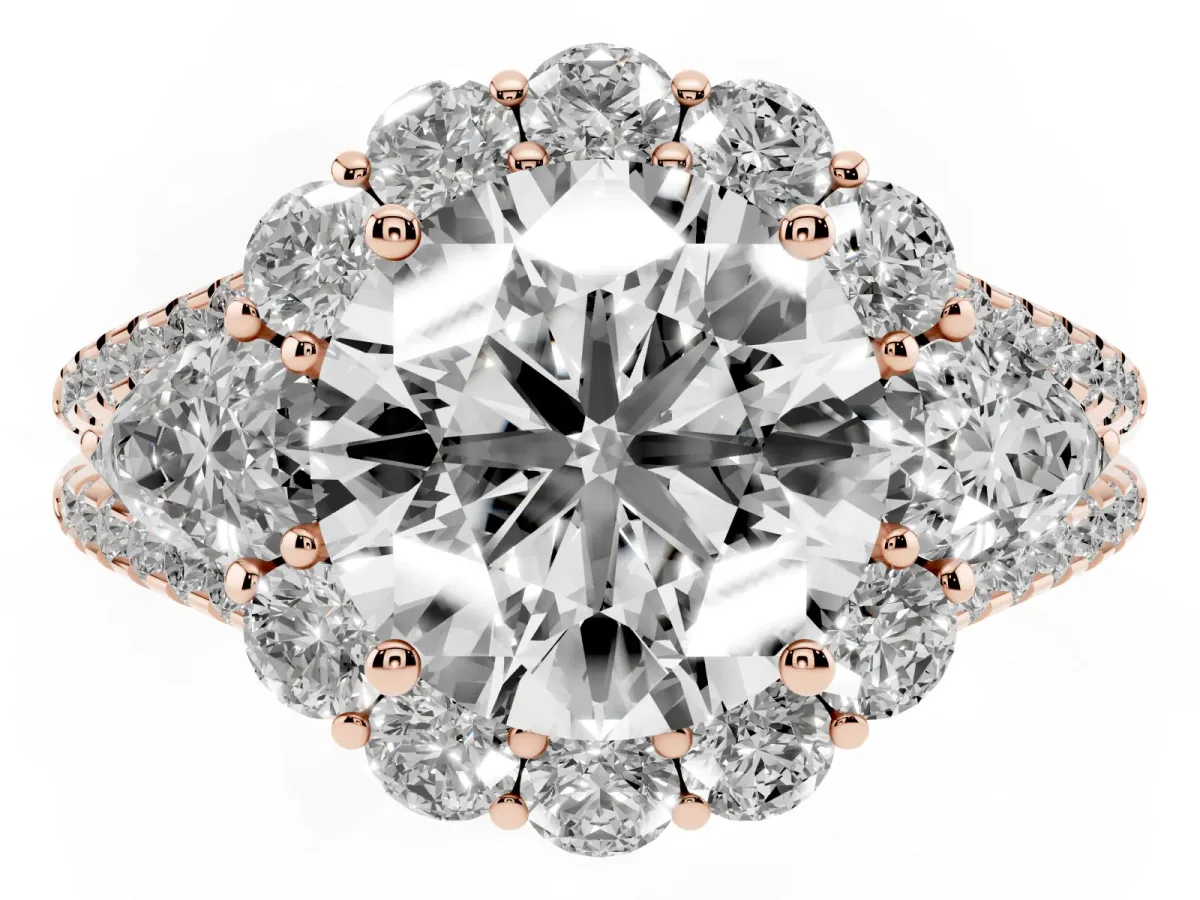 Round Cut Halo Split Shank Diamond Engagement Ring with Prong Setting Rose gold