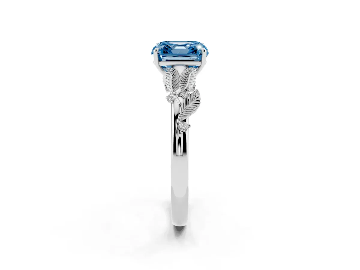 Fancy Blue Asscher Cut Diamond Solitaire Ring with Leaf Motif Band and Four-Prong Setting Silver