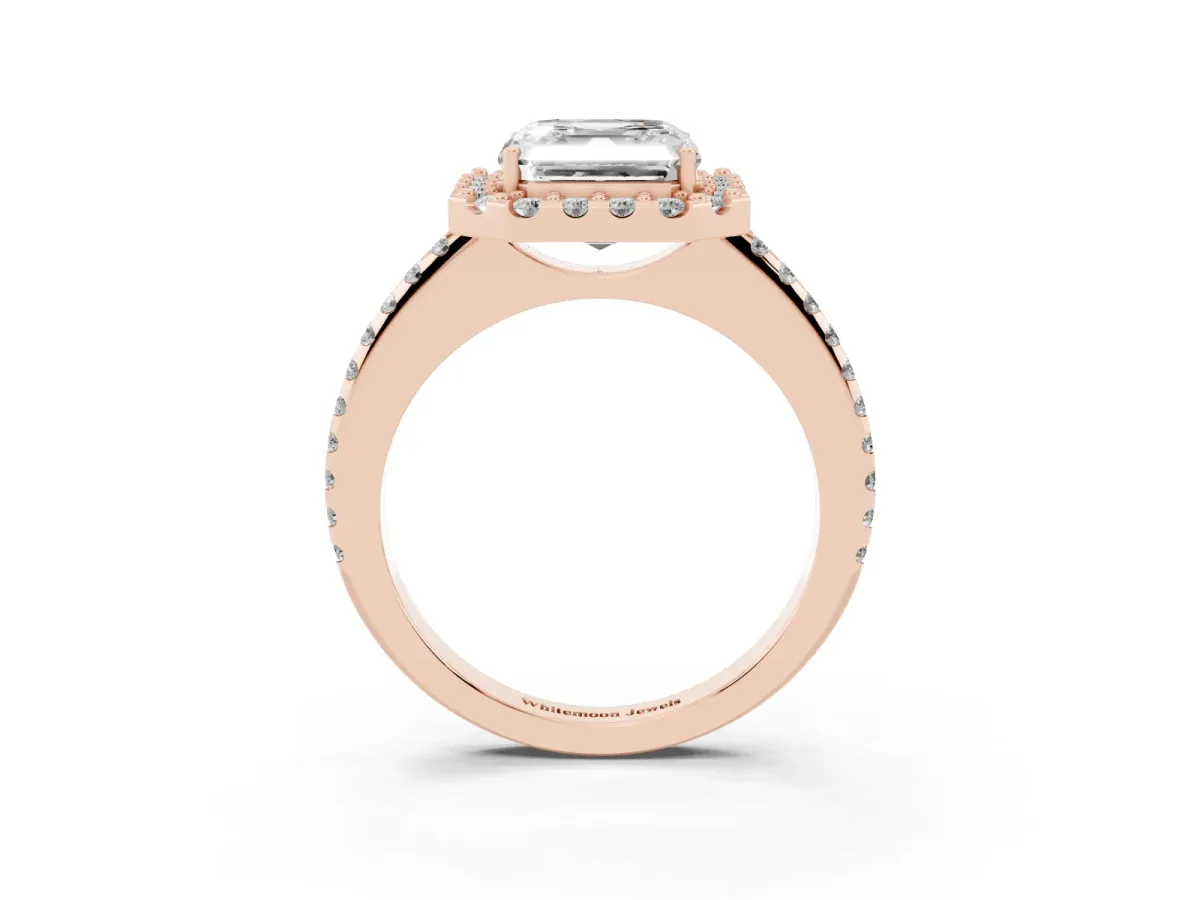 Asscher Cut Diamond Pavé Halo Ring with Four-Prong Setting Rose gold