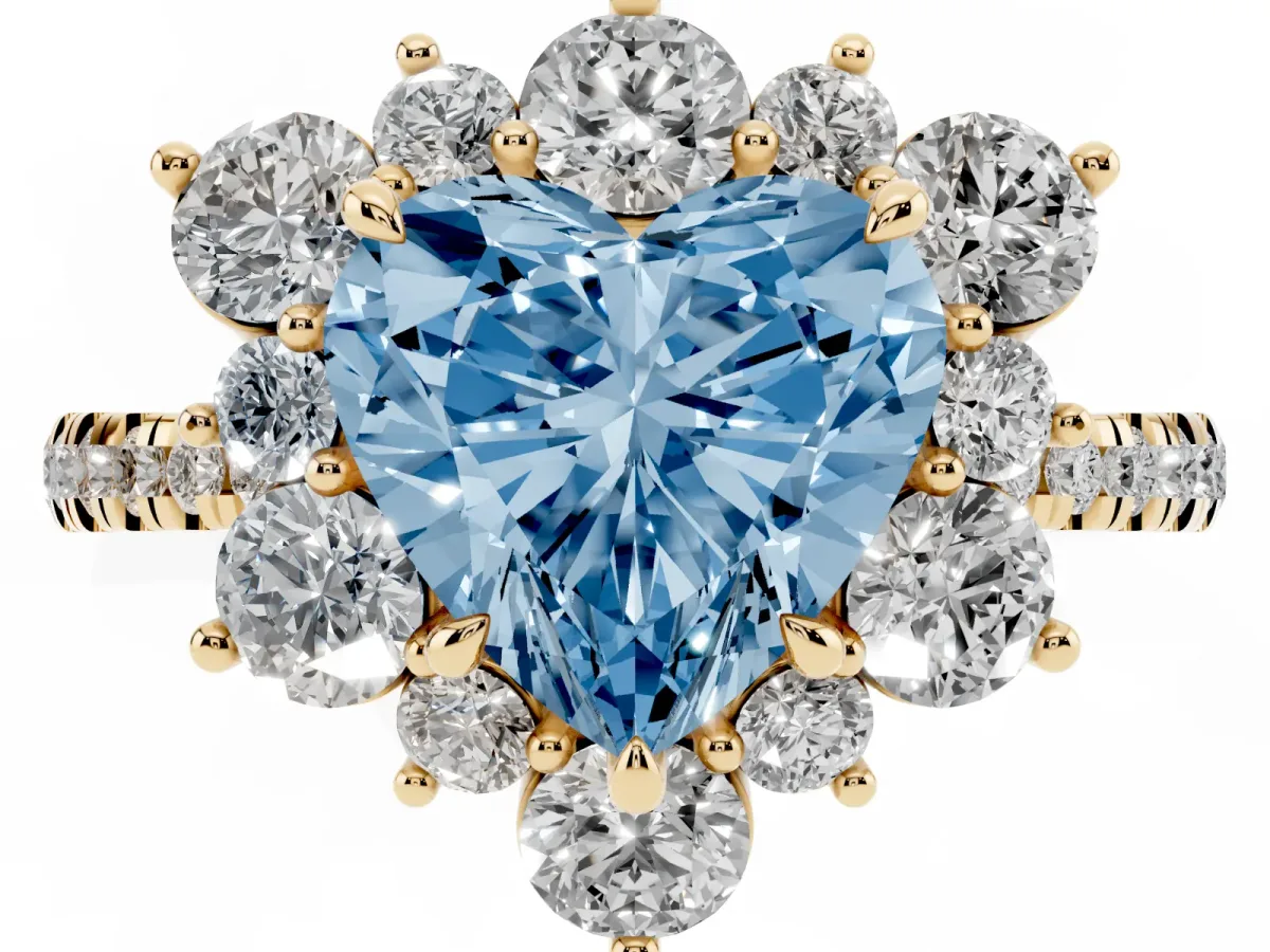 Fancy Blue Heart Cut Diamond Floral Halo Ring with Round Pavé Band and Prong Setting Yellow gold