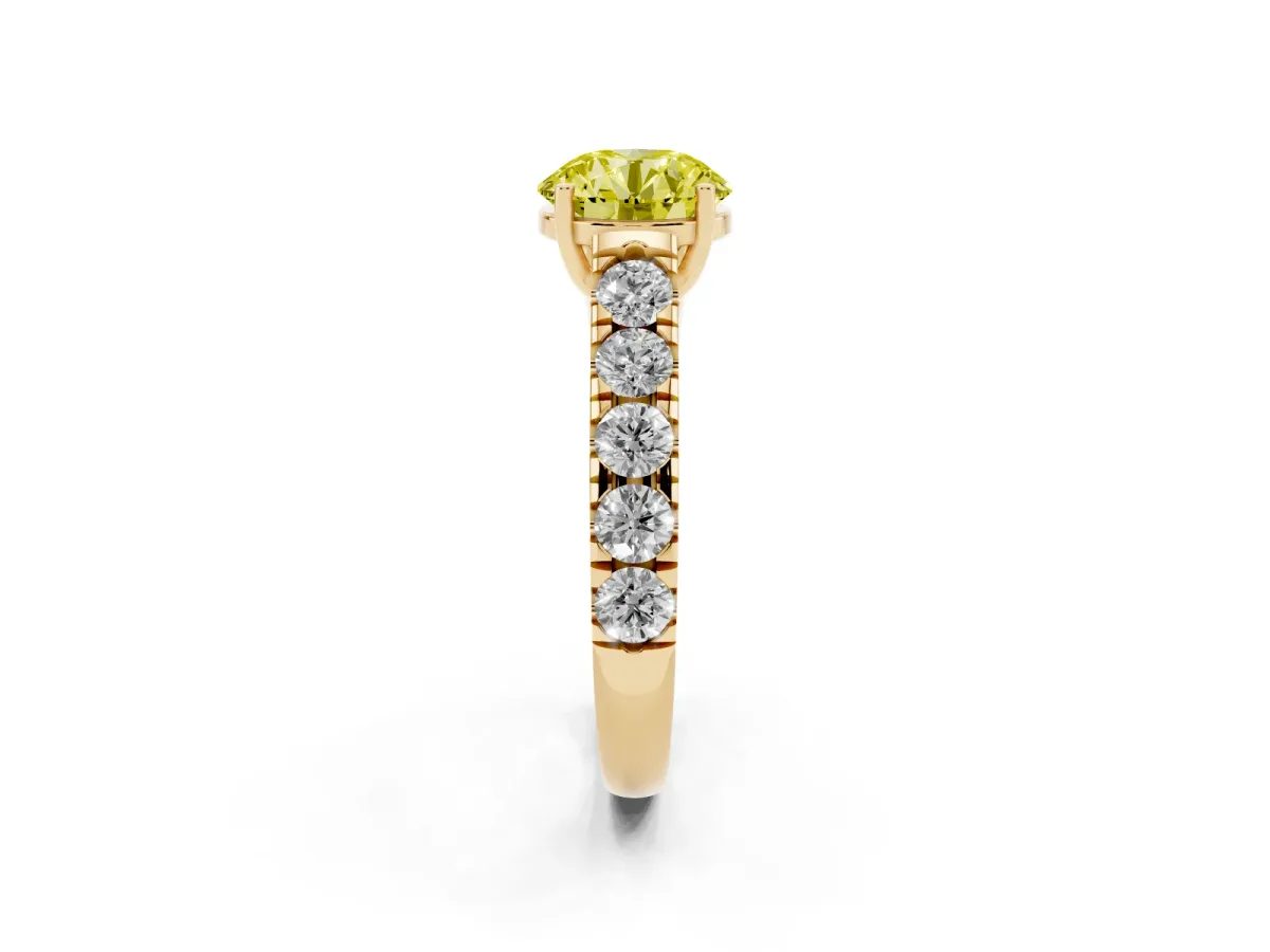 Fancy Yellow Round Cut Cut Diamond Solitaire Ring with Micro Pave Band and Prong Setting Yellow gold