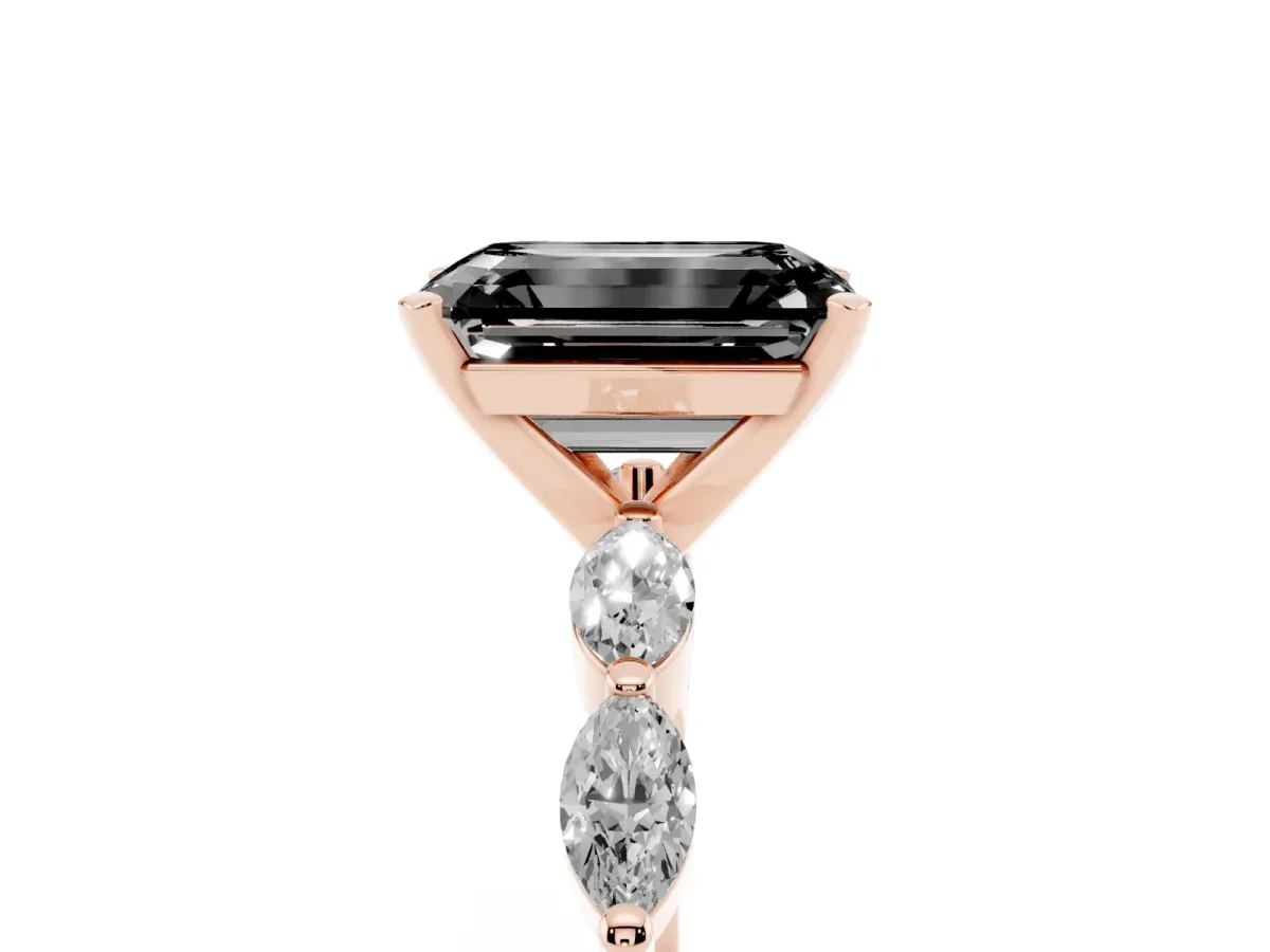 Fancy Black Emerald Cut Diamond Ring with Marquise Side Stones and Prong Setting Rose gold