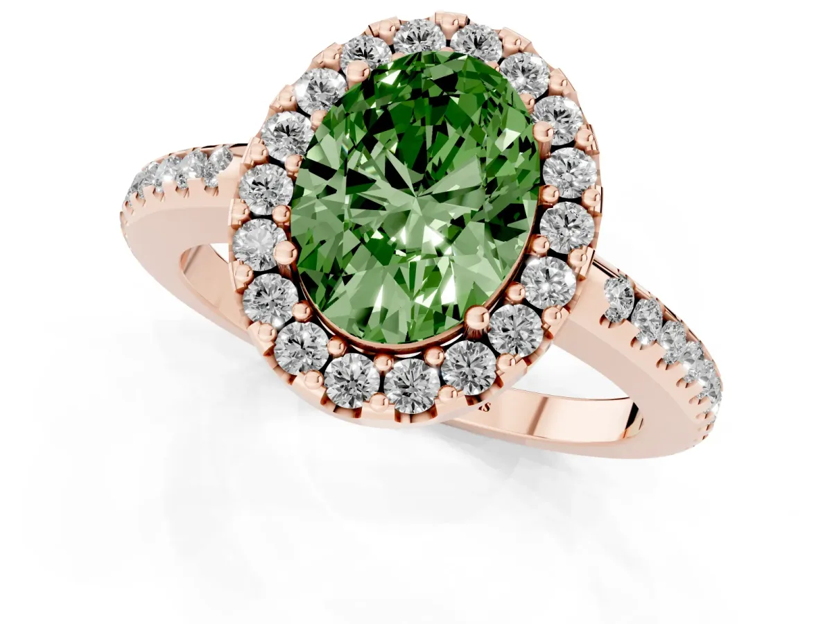 Fancy Green Oval Cut Diamond Pavé Halo Ring with Four-Prong Setting Rose gold