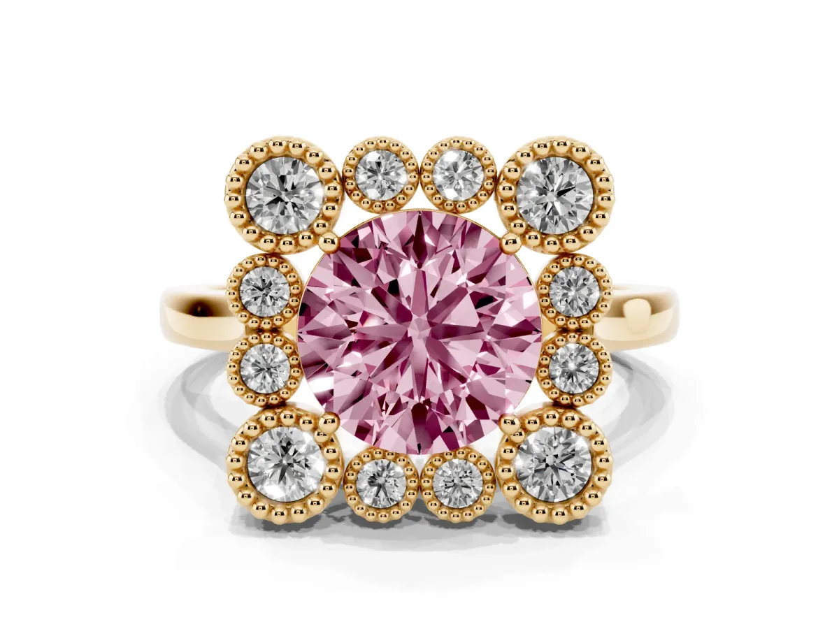 Fancy Pink Round Cut Halo Diamond Cluster Engagement Ring with Milgrain Bezel Setting and Solitaire Band Yellow gold