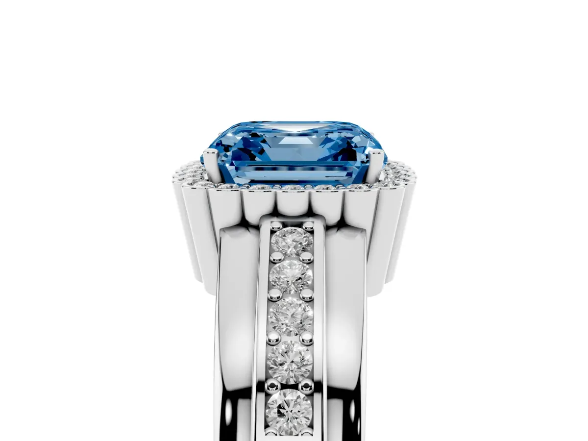 Fancy Blue Asscher Cut Cut Halo Pave Band Four-Prong Ring Silver