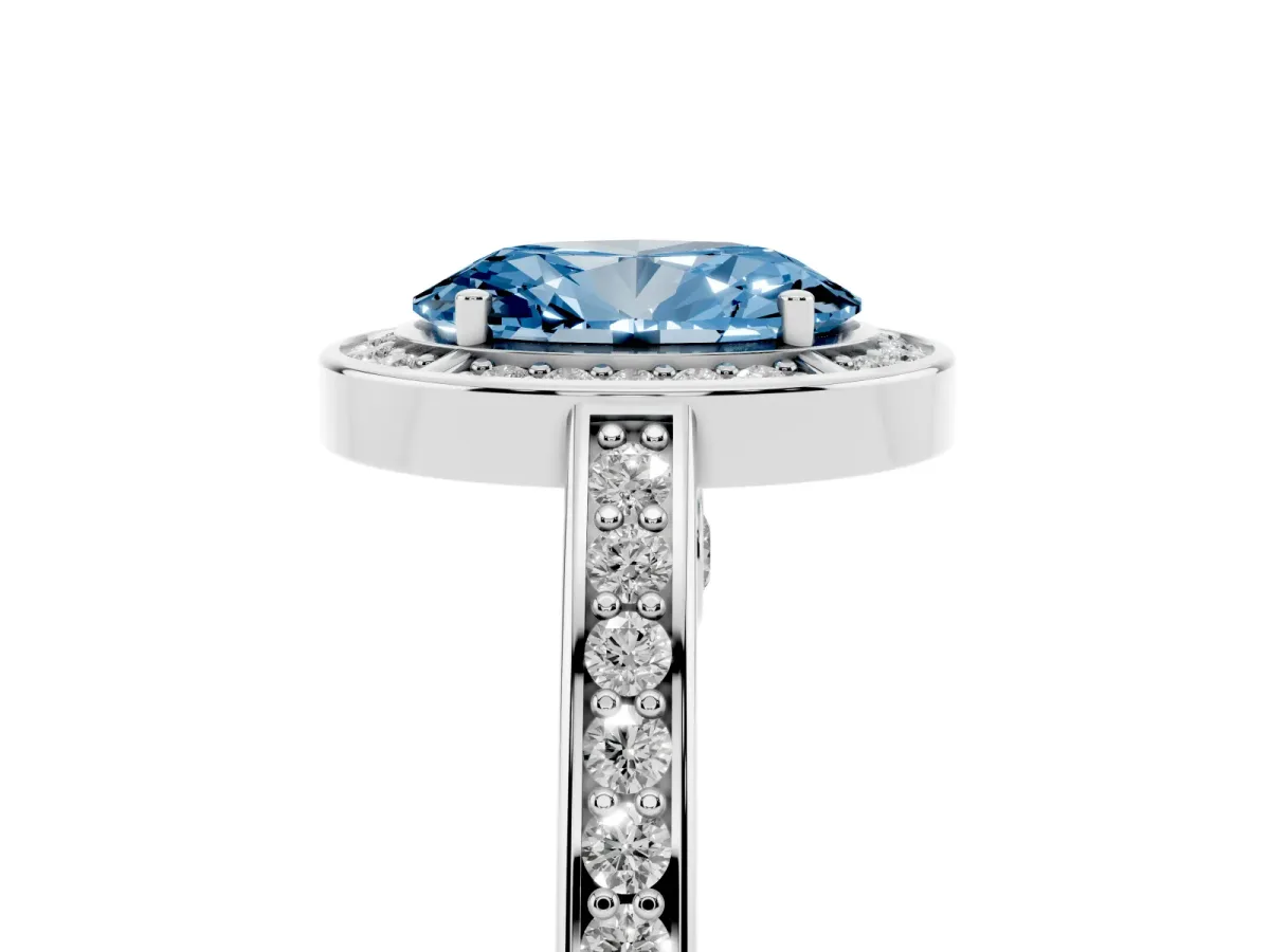Fancy Blue Oval Cut Cut Halo Pave Split Shank Prong Setting Ring Silver