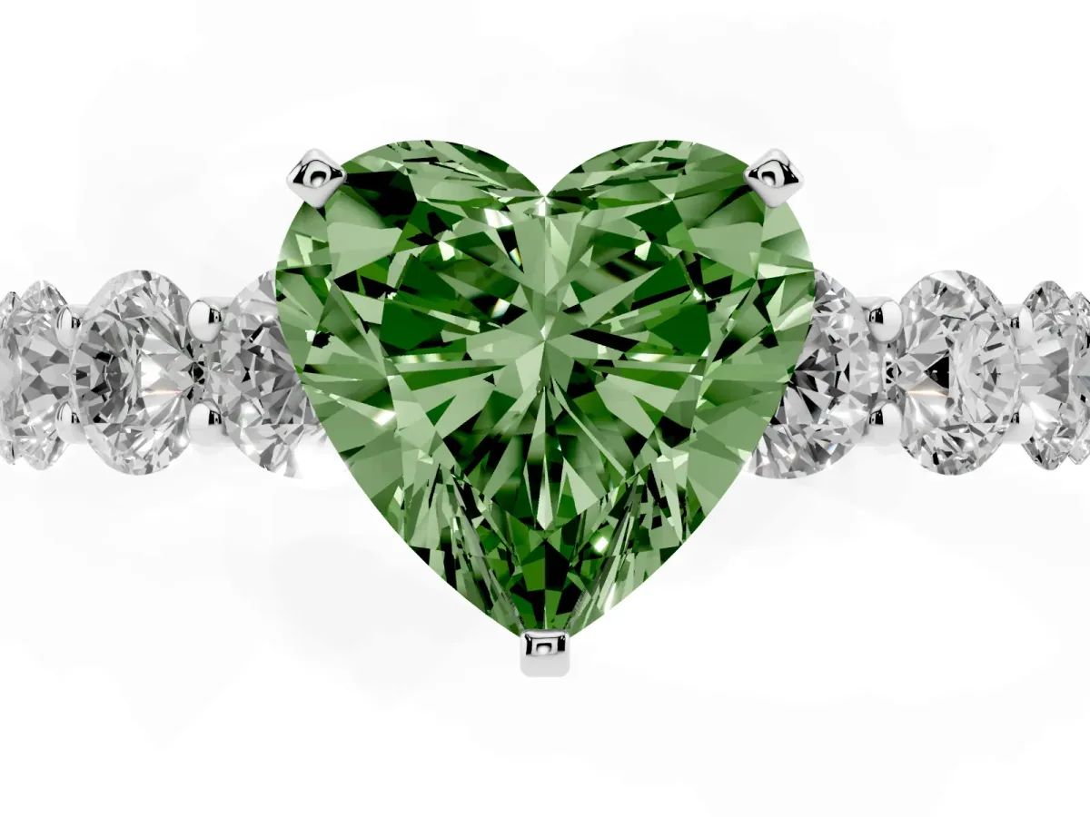 Fancy Green Heart Cut Diamond Prong Setting with Side Stones on a Pave Band White gold