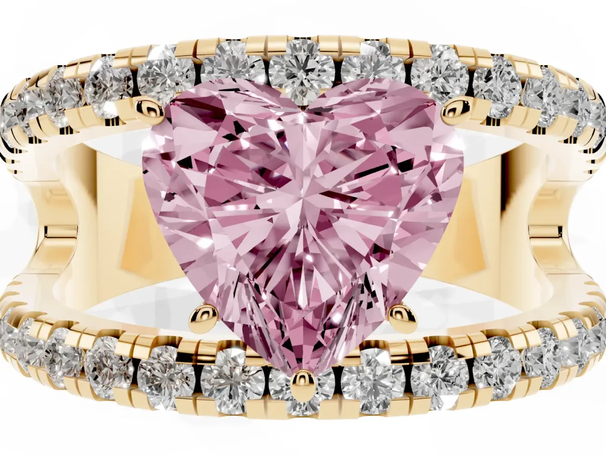 Fancy Pink Heart Cut Solitaire Split Shank Pave Diamond Ring Yellow gold