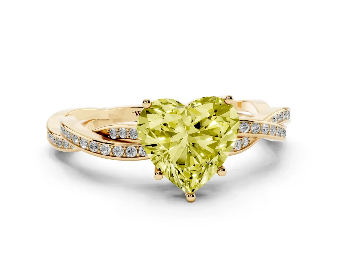 Fancy Yellow Heart Cut Solitaire Twisted Pave Diamond Ring with Four-Prong Setting Yellow gold