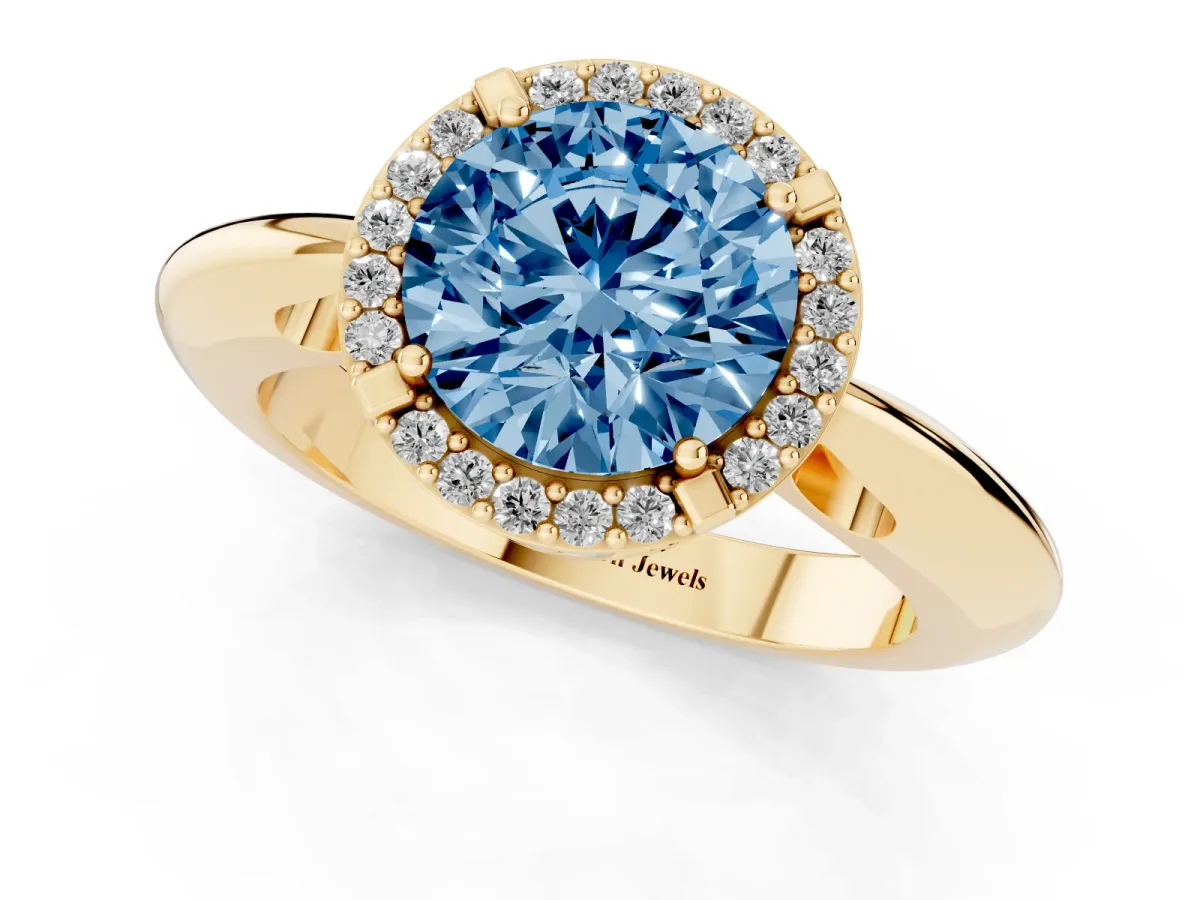 Fancy Blue Round Cut Cut Diamond Halo Engagement Ring with Split Shank and Four-Prong Setting Yellow gold