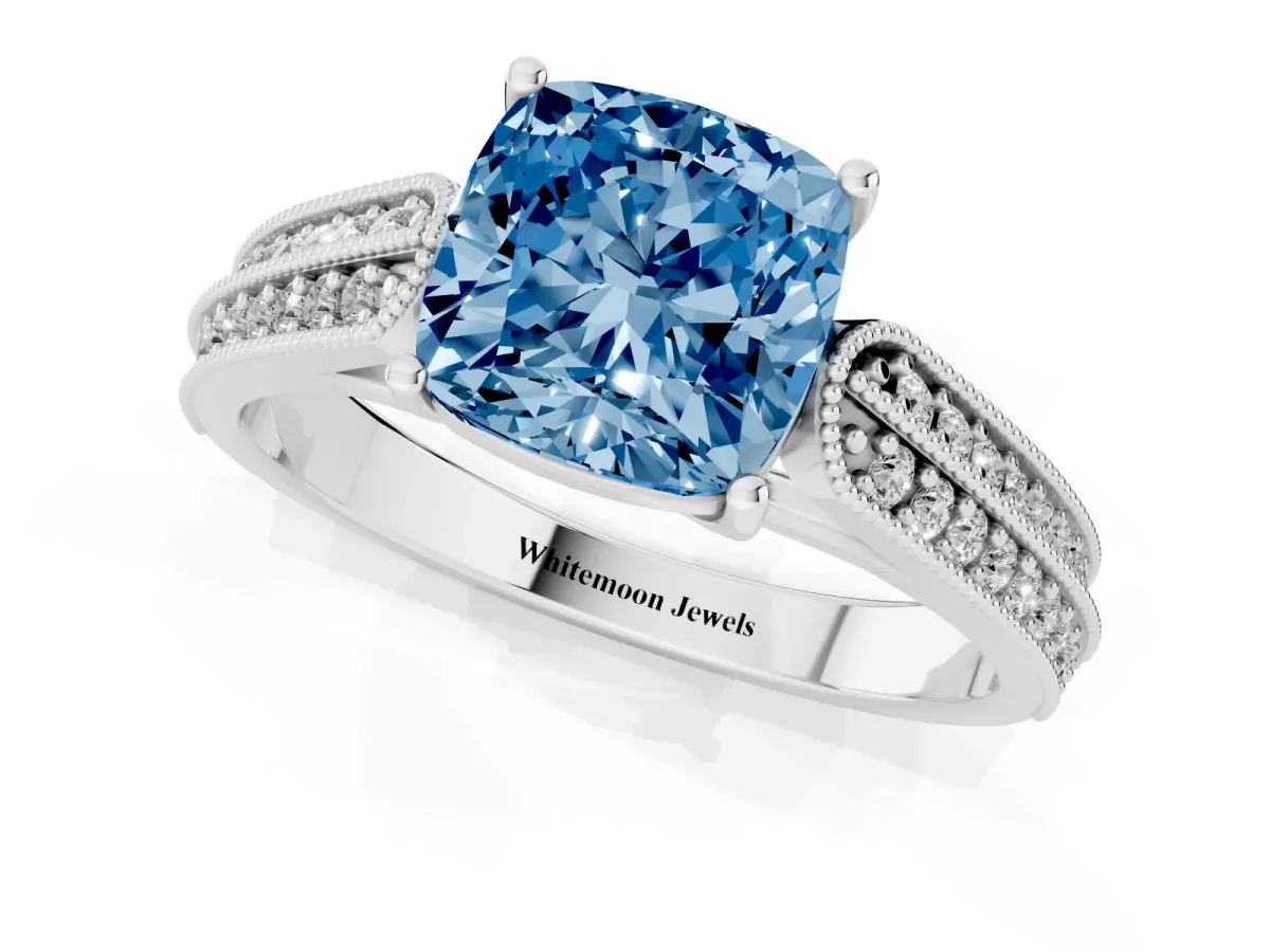 Fancy Blue Cushion Cut Cut Pave Split Shank Engagement Ring with Four-Prong Setting White gold