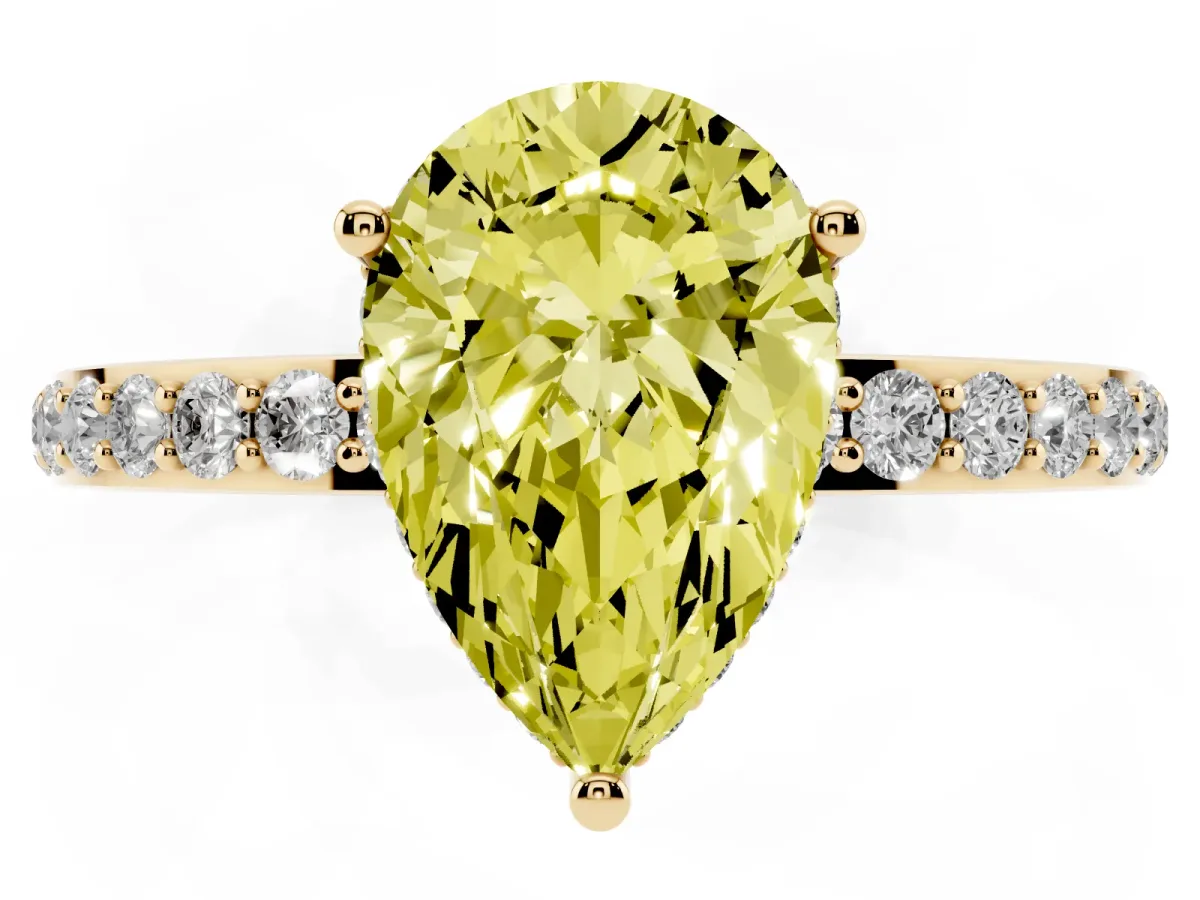 Fancy Yellow Pear Cut Diamond Solitaire Ring with Pavé Band and Hidden Halo Yellow gold