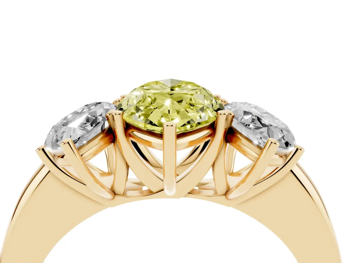Fancy Yellow Marquise Cut Diamond Three-Stone Ring with Four-Prong Setting and Classic Band Yellow gold