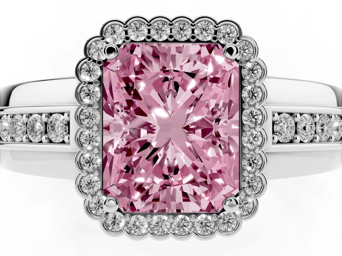 Fancy Pink Radiant Cut Cut Halo Pave Band Four-Prong Ring Silver