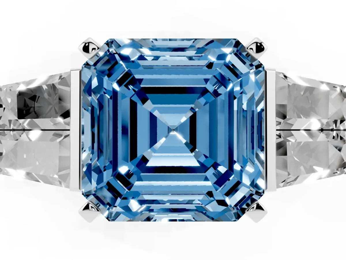 Fancy Blue Asscher Cut Diamond Engagement Ring with Baguette Side Stones and Channel Set Band White gold