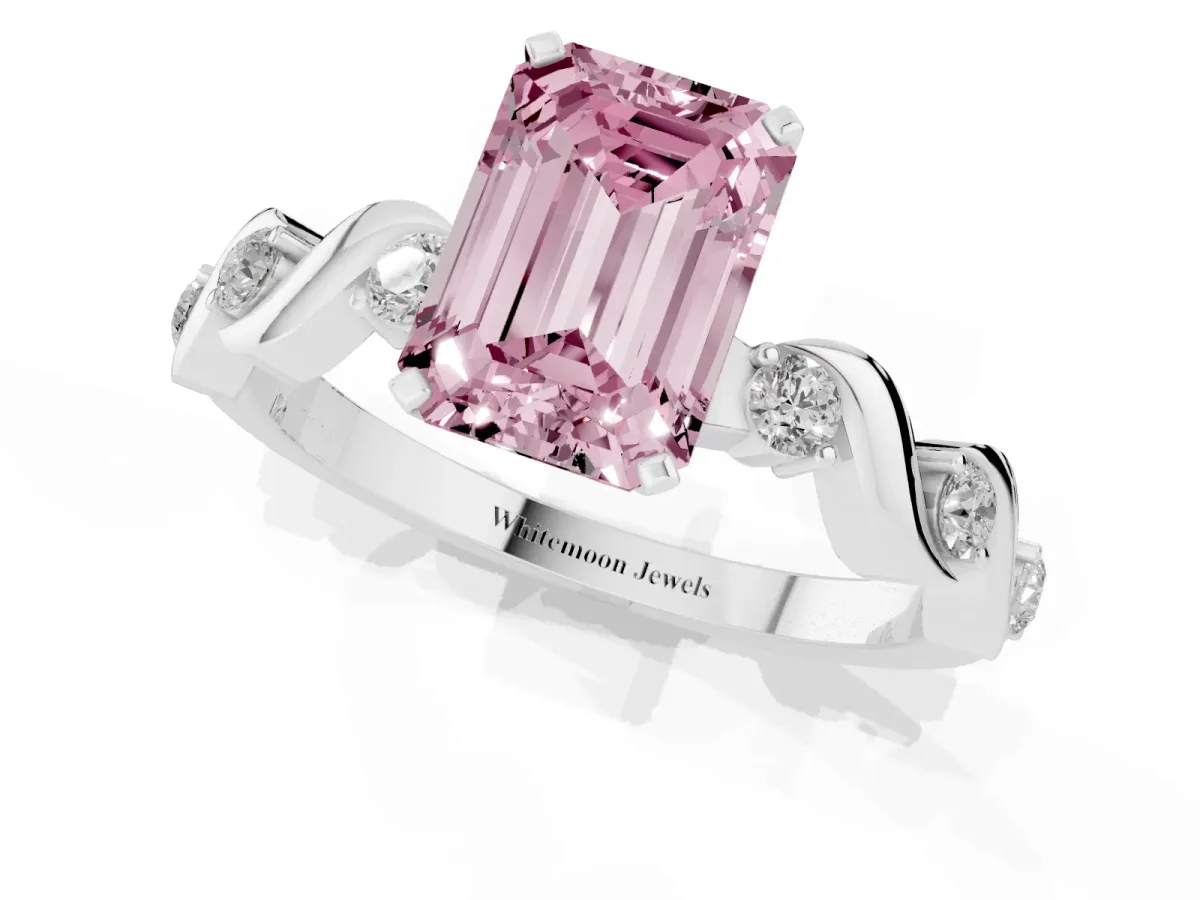 Fancy Pink Emerald Cut Diamond Solitaire Twisted Band with Round Accents and Prong Setting Silver