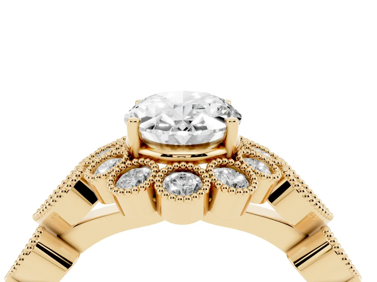 Oval Cut Brilliant Milgrain Pave Heart Band Solitaire Ring Yellow gold