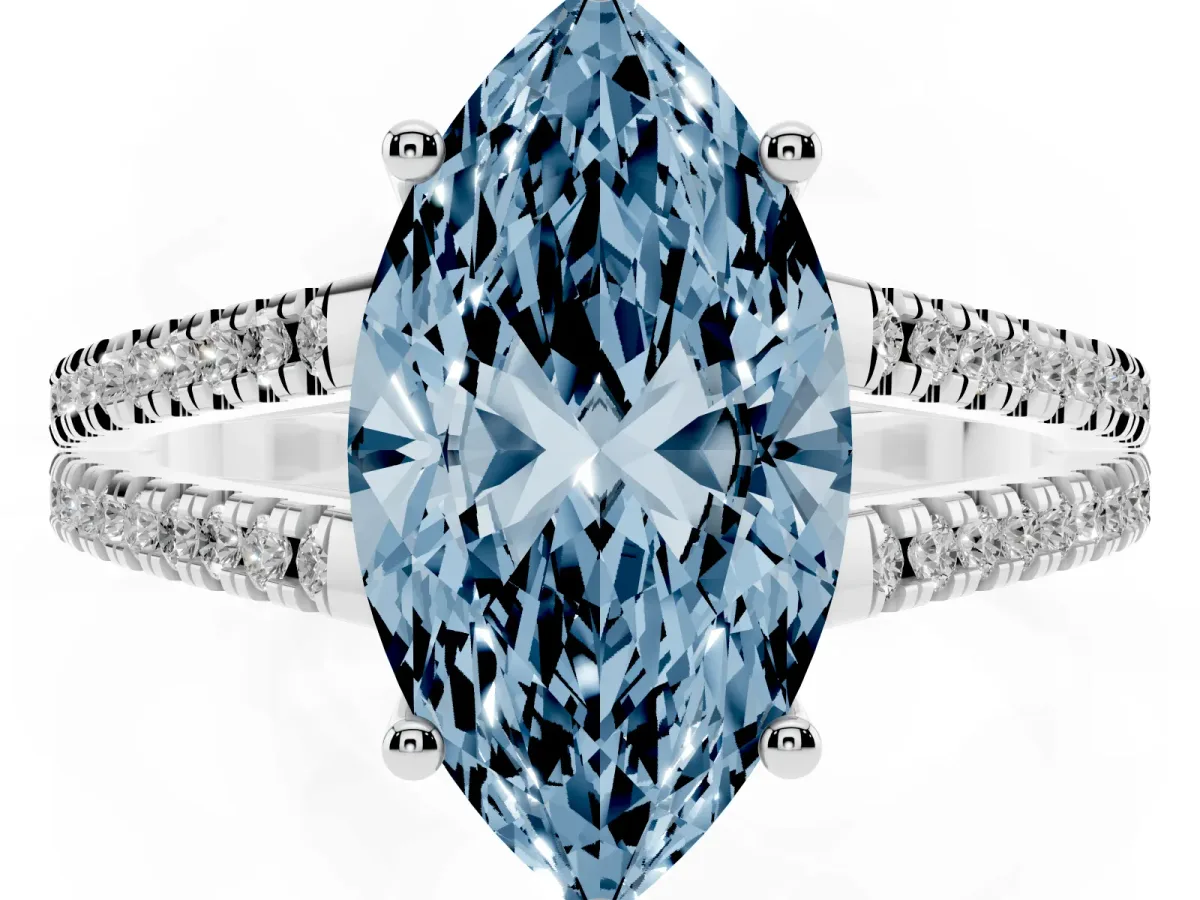 Fancy Blue Marquise Cut Diamond Solitaire Engagement Ring with Split Shank Pavé Band Silver