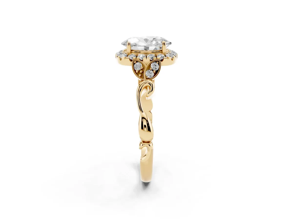 Oval Cut Halo Diamond Engagement Ring with Vintage-Inspired Band and Four-Prong Setting Yellow gold
