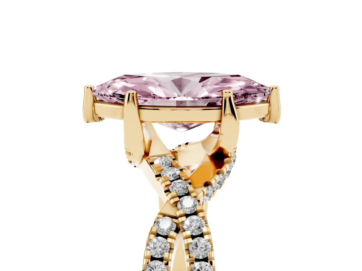 Fancy Pink Marquise Cut Solitaire Twist Pave Diamond Engagement Ring with Prong Setting Yellow gold