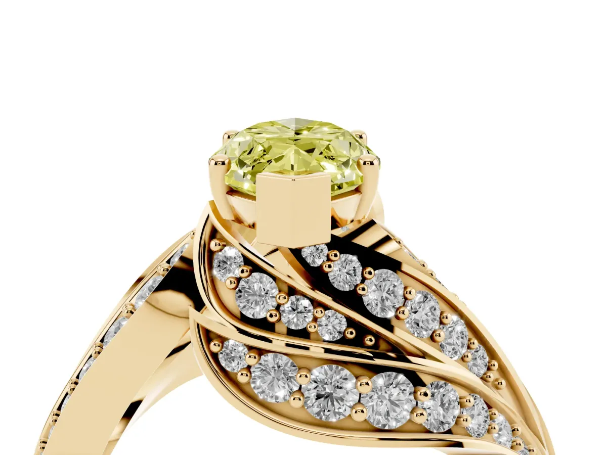 Fancy Yellow Marquise Cut Diamond Solitaire Ring with Prong Setting and Twisted Pavé Band Yellow gold