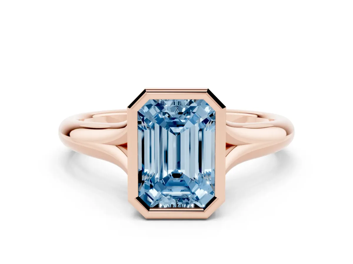 Fancy Blue Bezel Set Emerald Cut Solitaire Diamond Ring with Smooth Band Rose gold