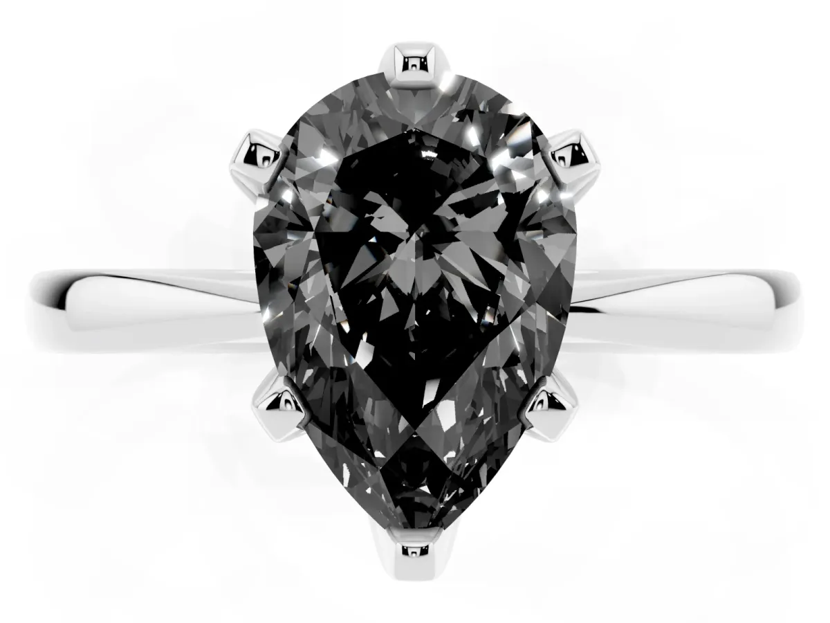 Fancy Black Pear Cut Solitaire Engagement Ring with Six-Prong Setting and Tapered Band Platinum