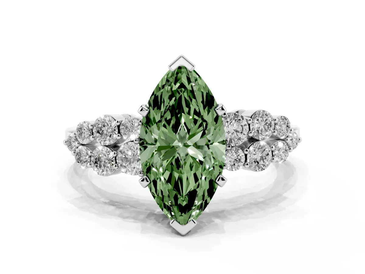 Fancy Green Marquise Cut Cluster Diamond Engagement Ring with Pavé Band and Four-Prong Setting White gold