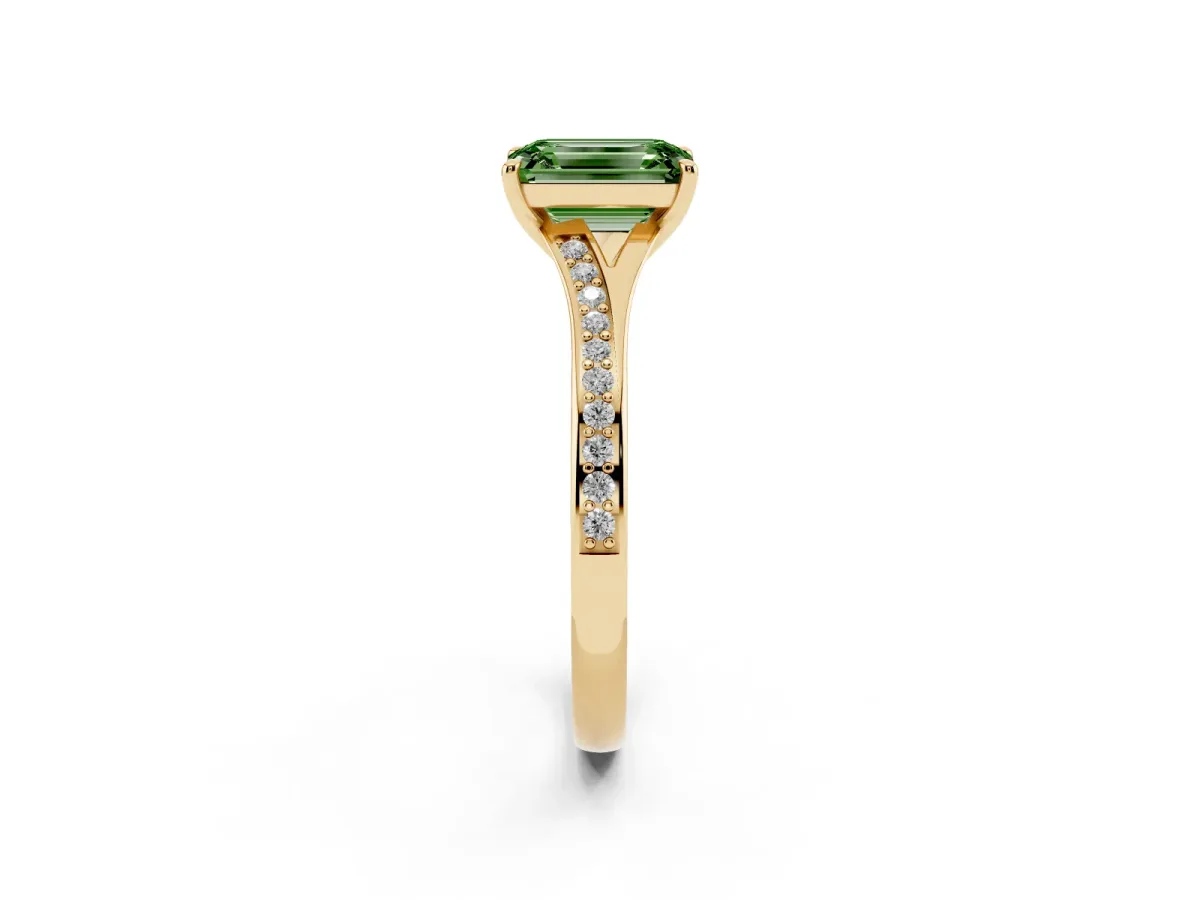 Fancy Green Emerald Cut Diamond Solitaire Ring with Pavé Band and Prong Setting Yellow gold
