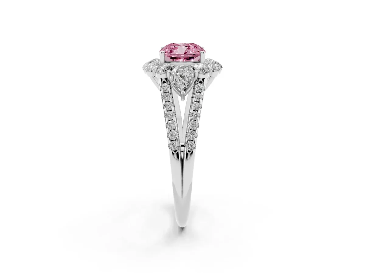 Fancy Pink Cushion Cut Halo Split Shank Diamond Engagement Ring with Prong Setting Platinum