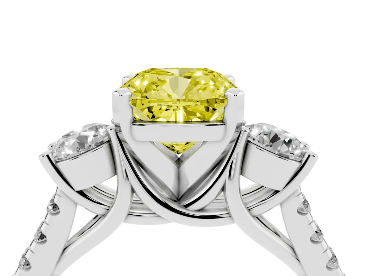 Fancy Yellow Three-Stone Cushion Cut Diamond Pavé Band with Four-Prong Setting Silver