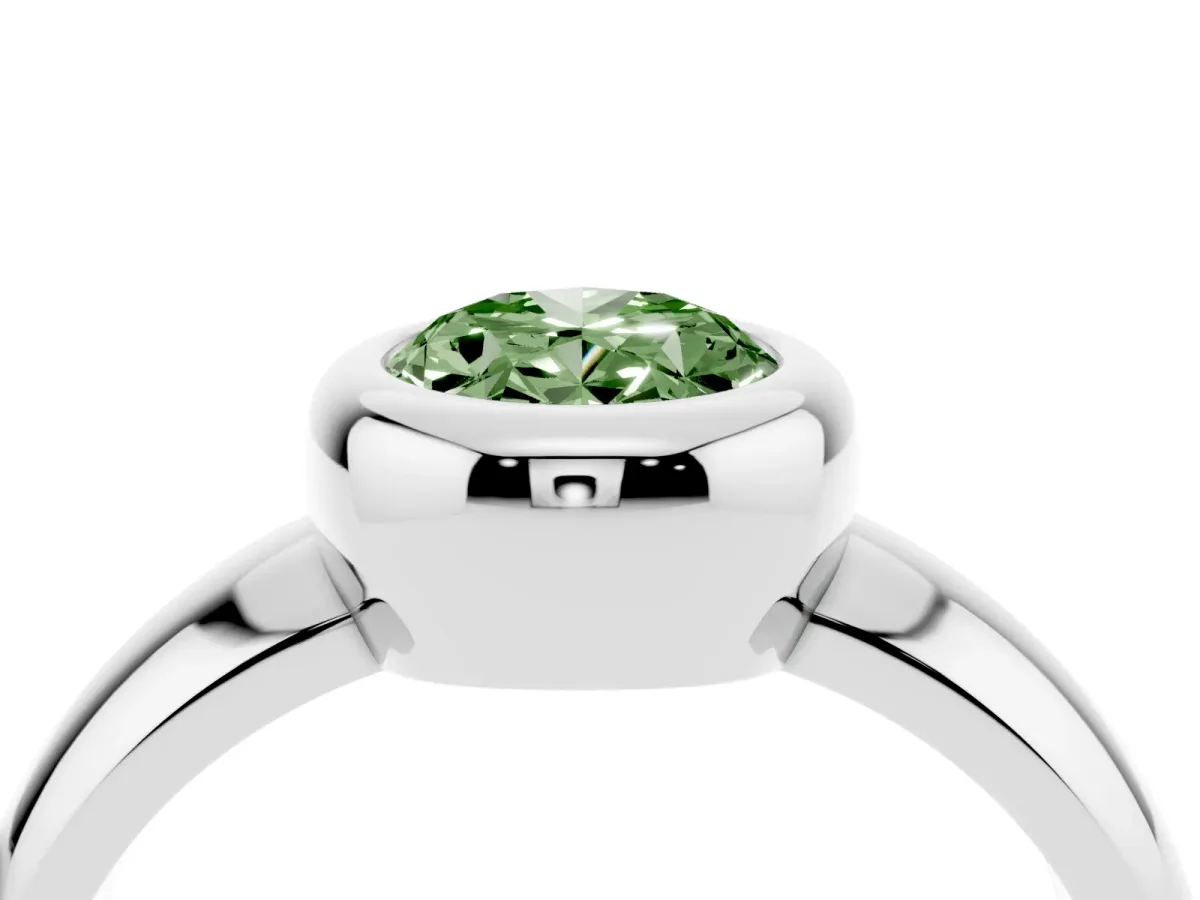 Fancy Green Bezel Set Oval Cut Solitaire Ring with Wide Band Silver