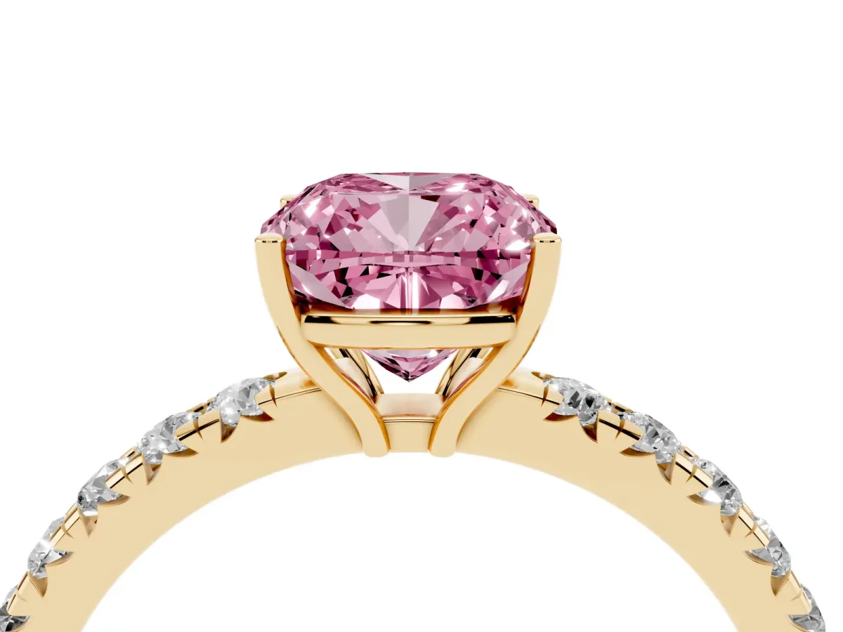 Fancy Pink Cushion Cut Diamond Pavé Solitaire Engagement Ring with Four-Prong Setting Yellow gold