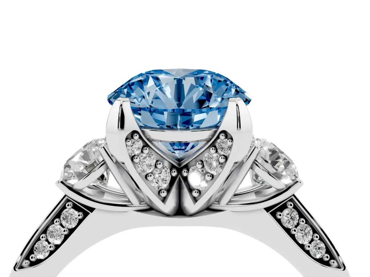 Fancy Blue Round Cut Brilliant Three-Stone Diamond Ring with Pavé Band and Four-Prong Setting Silver