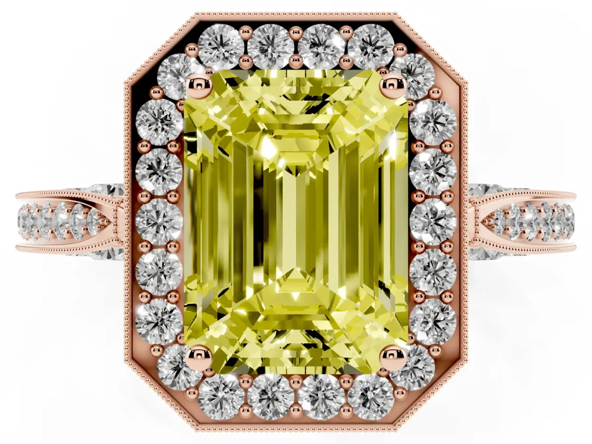 Fancy Yellow Emerald Cut Halo Diamond Engagement Ring with Split Shank Band and Four-Prong Setting Rose gold