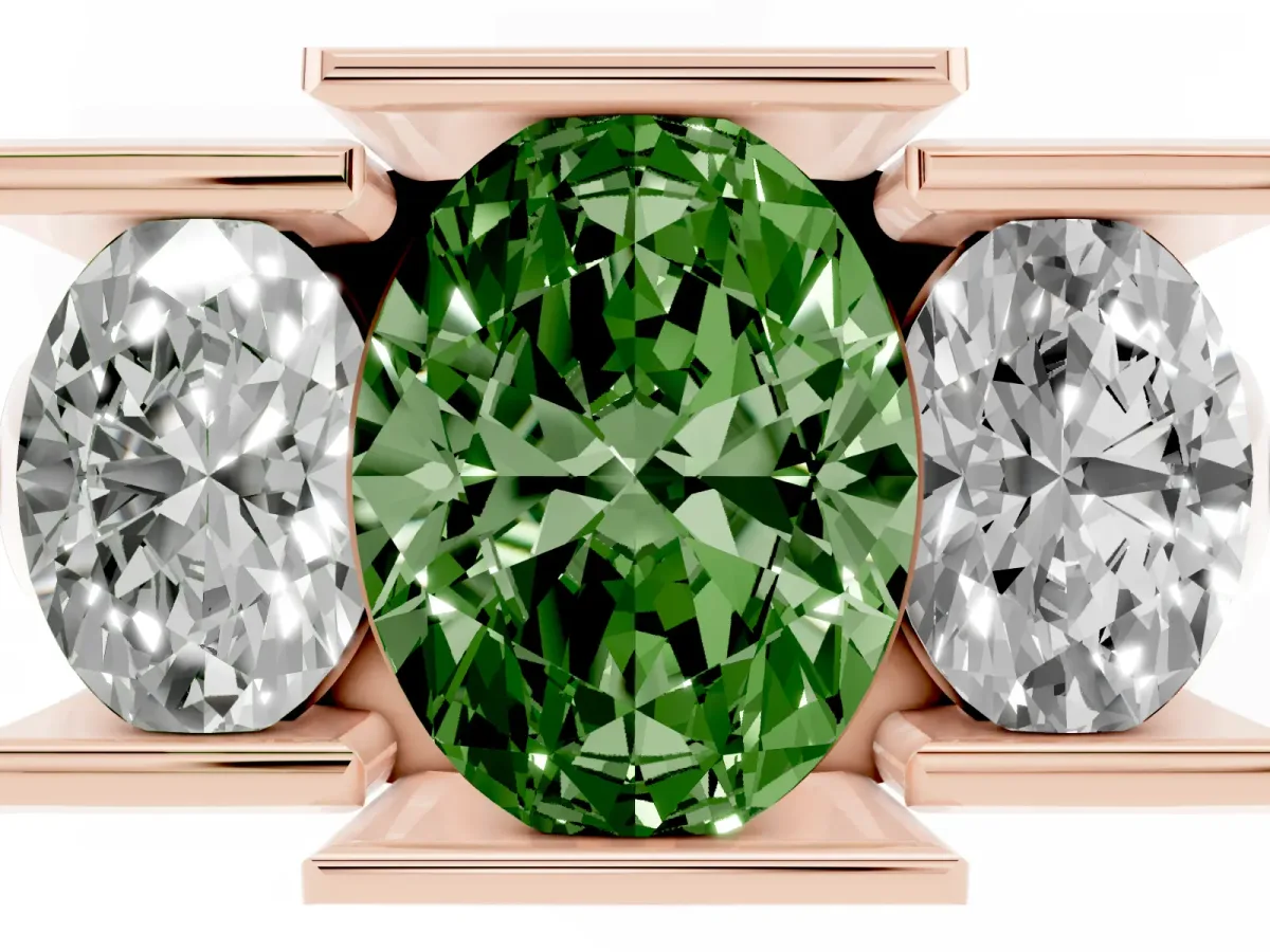 Fancy Green Three Stone Oval Cut Cut Channel Set Diamond Ring Rose gold