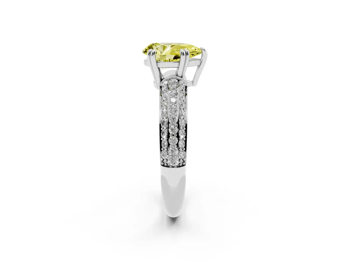 Fancy Yellow Pear Cut Diamond Solitaire Ring with Multi-Row Round Pavé Band and Prong Setting Silver