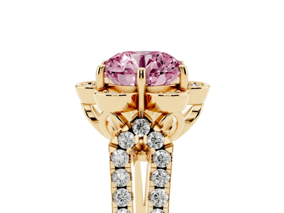 Fancy Pink Round Cut Halo Diamond Floral Split Shank Engagement Ring Yellow gold