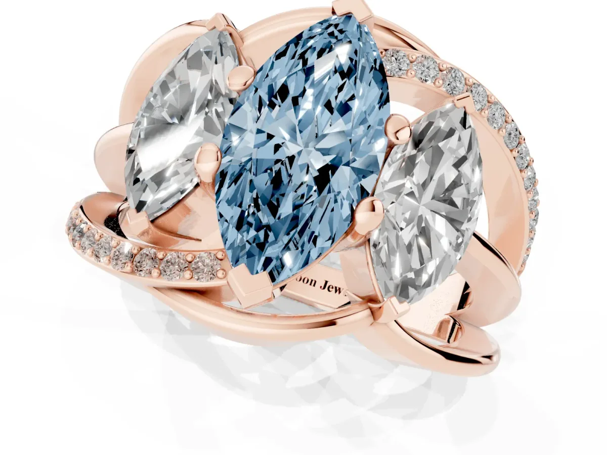 Fancy Blue Three-Stone Marquise Cut Cut Diamond Split Shank Prong Set Ring Rose gold