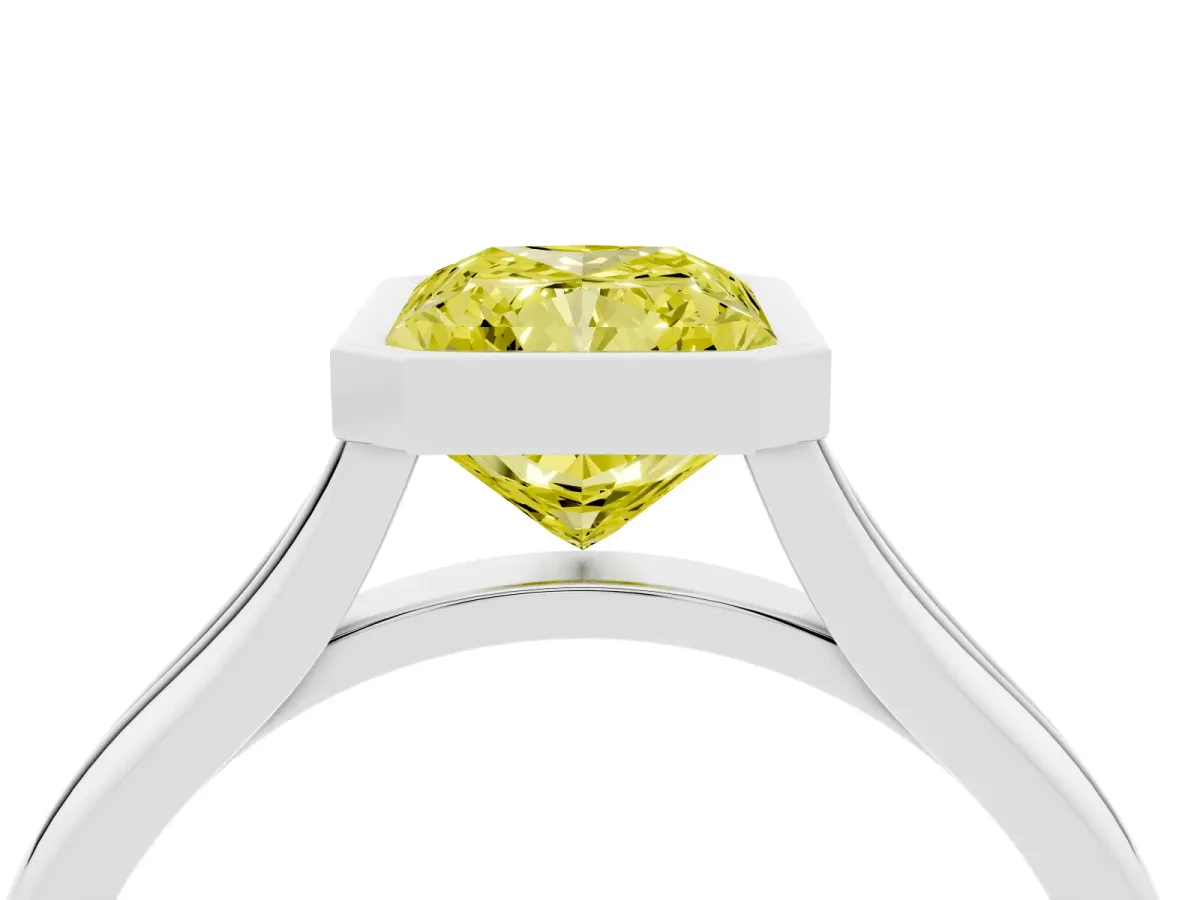 Fancy Yellow Bezel Set Radiant Cut Cut Solitaire Ring with Tapered Band Platinum