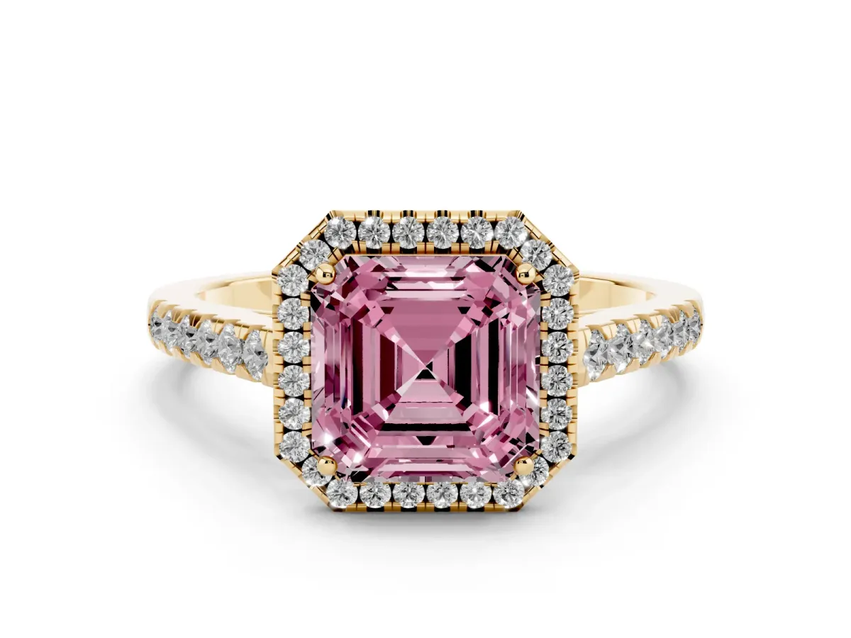 Fancy Pink Asscher Cut Halo Pave Diamond Engagement Ring with Four-Prong Setting Yellow gold
