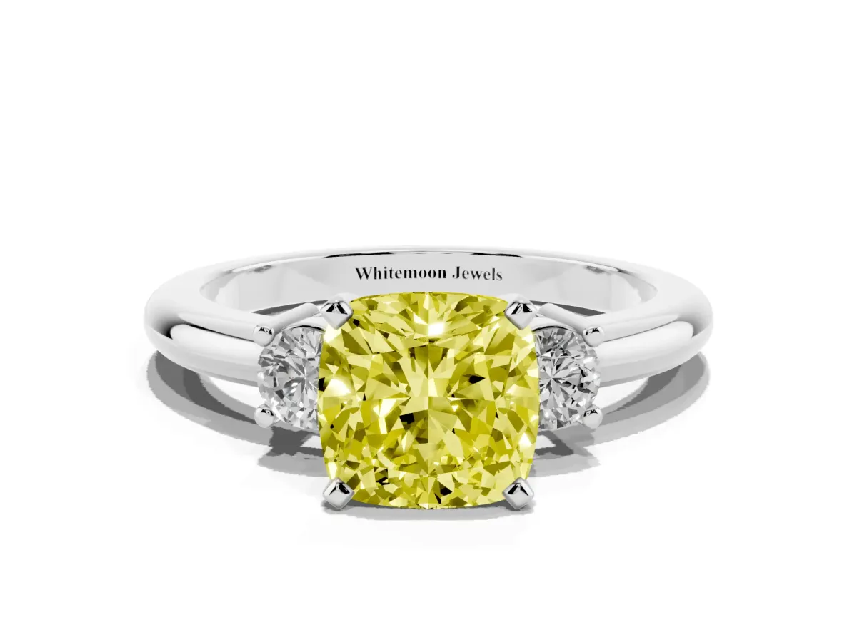 Fancy Yellow Three-Stone Cushion Cut Cut Diamond Solitaire with Prong Setting and Classic Band Platinum