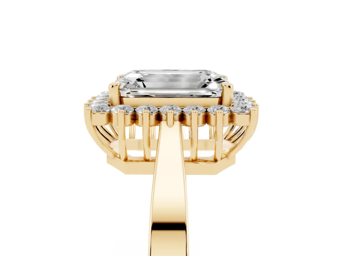 Emerald Cut Cut Diamond Halo Ring with Round Brilliant Halo and Solitaire Band Yellow gold