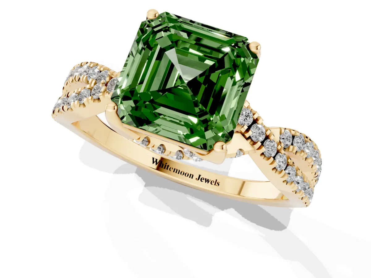 Fancy Green Asscher Cut Solitaire Twist Pave Diamond Engagement Ring with Prong Setting Yellow gold