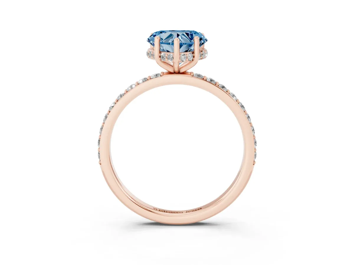 Fancy Blue Heart Cut Diamond Solitaire Ring with Pavé Band and Hidden Halo Rose gold