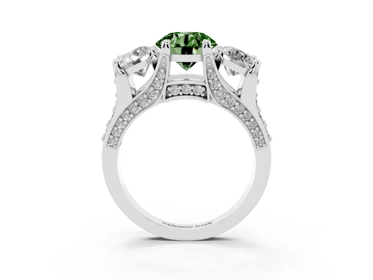Fancy Green Round Cut Diamond Three-Stone Ring with Channel Set Band and Four-Prong Setting Silver